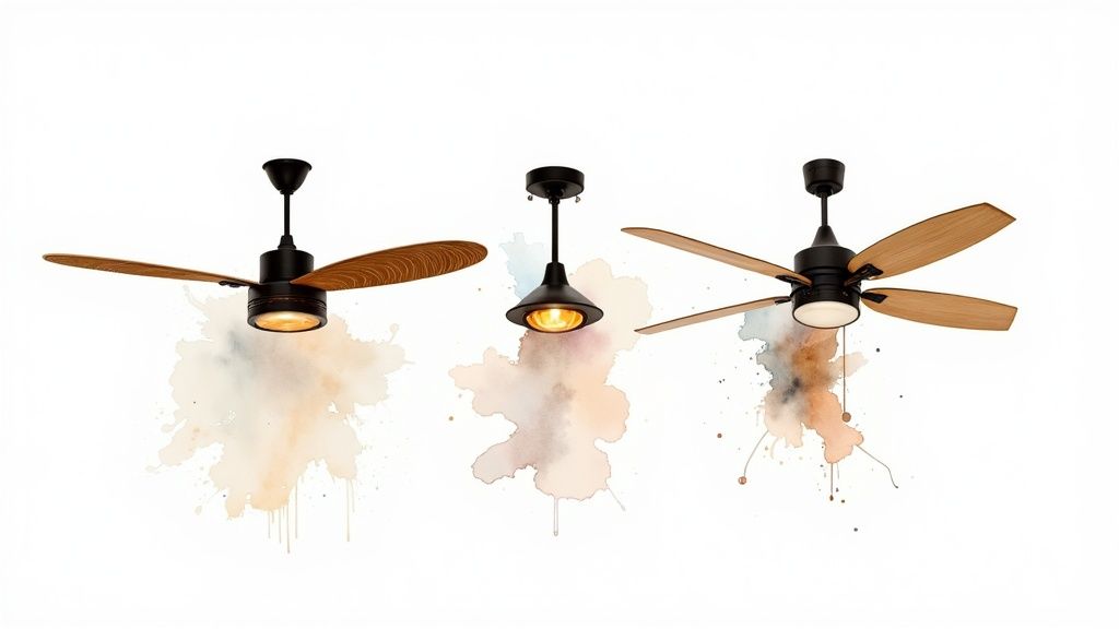 A close-up of a stylish bamboo ceiling fan against a white ceiling.