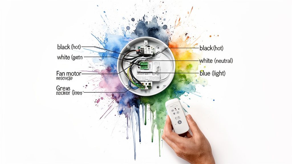A wiring diagram for a ceiling fan receiver module and remote control, against a colorful watercolor splash background.