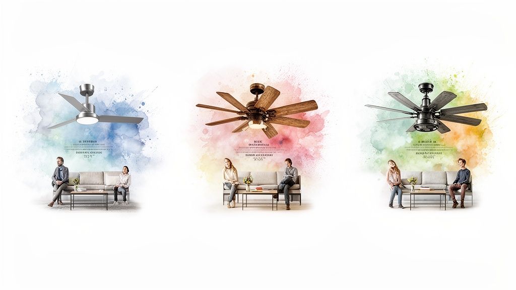 Three distinct ceiling fan styles (modern, rustic, industrial) above couples relaxing on sofas.