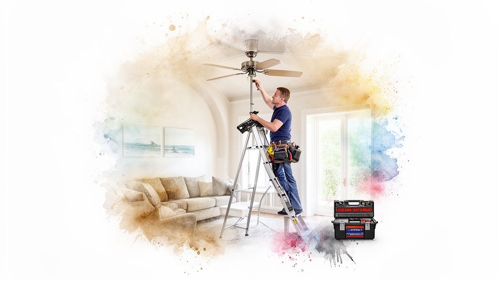A man on a ladder installing a ceiling fan in a bright living room.