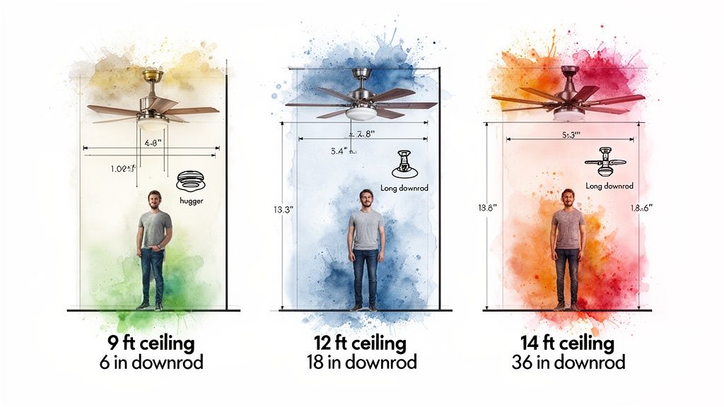 A guide illustrating ceiling fan sizing and downrod lengths for 9 ft, 12 ft, and 14 ft ceilings with a person for scale.