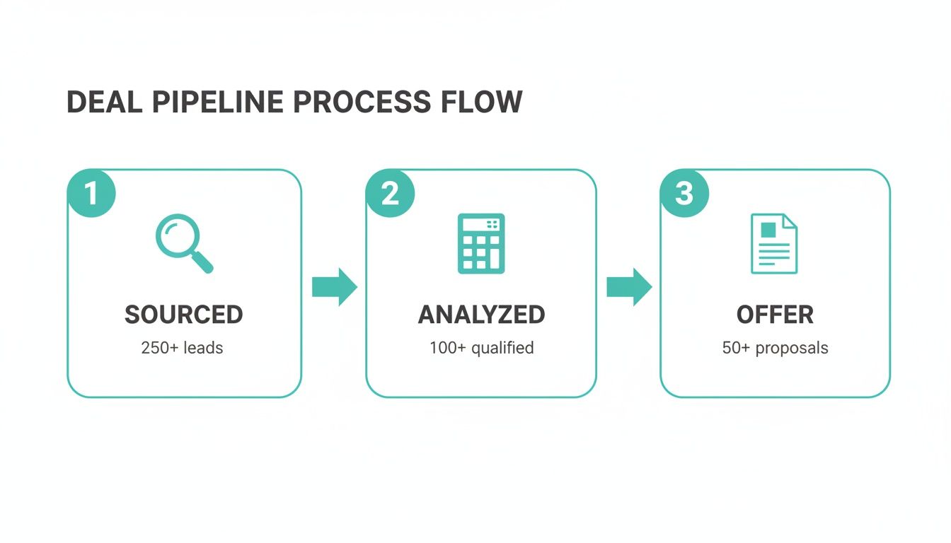 A three-step deal pipeline process flow showing sourced leads, analyzed prospects, and offers.