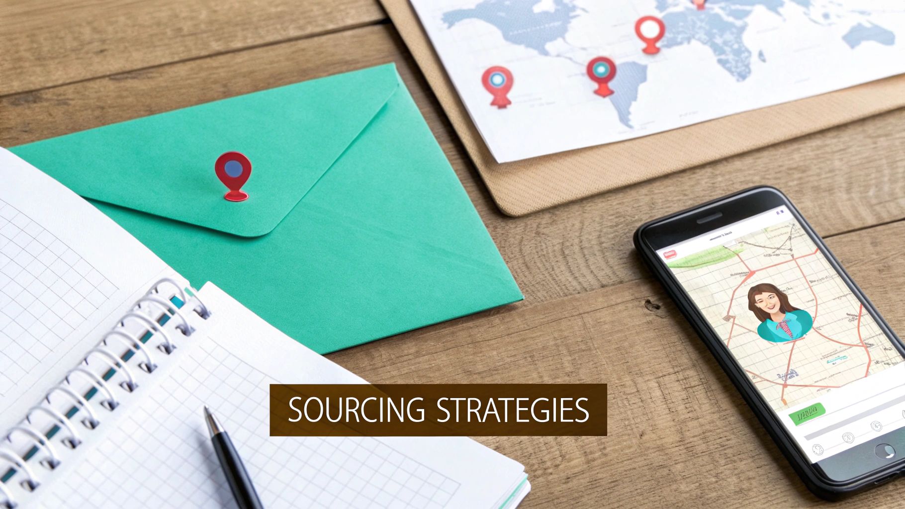 A flat lay of a wooden desk with a map, smartphone, notebook, and a teal envelope, illustrating 'SOURCING STRATEGIES'.