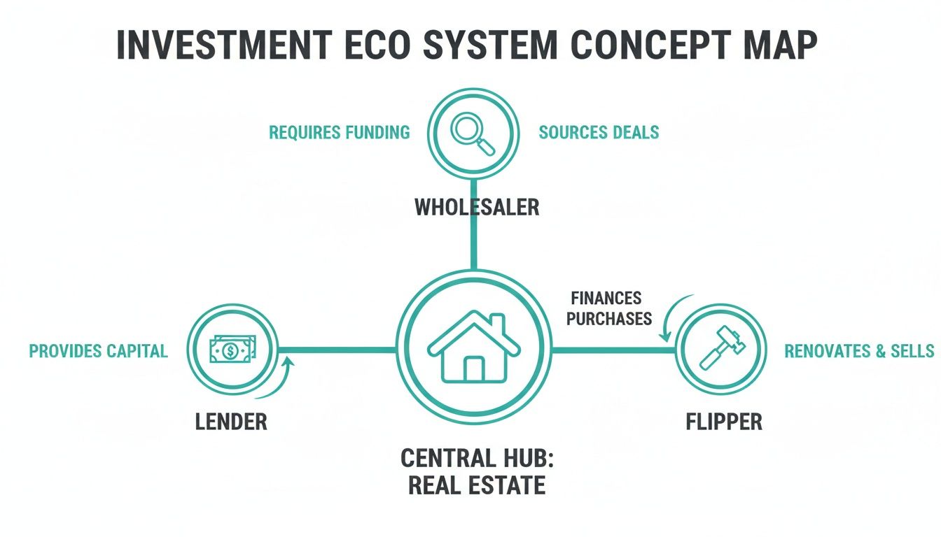 A concept map illustrating the real estate investment ecosystem with key roles like wholesaler, lender, and flipper.
