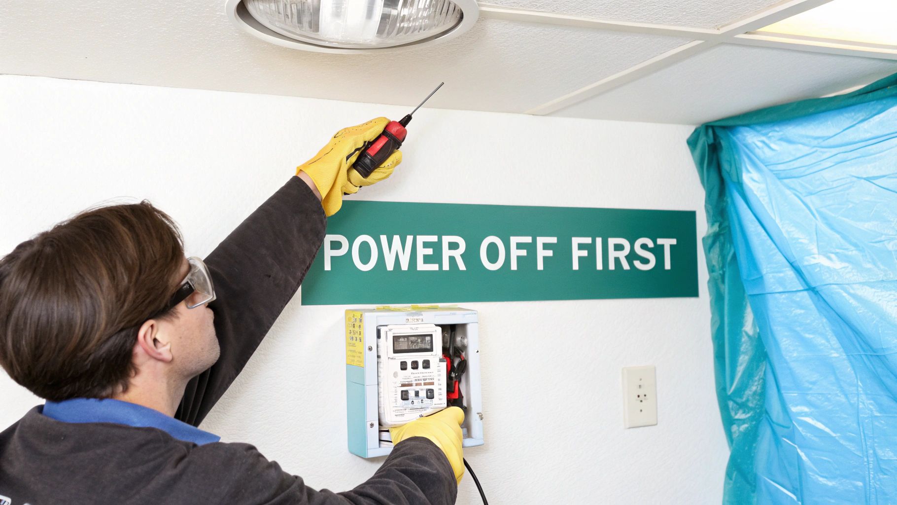 A person safely turning off a circuit breaker in an electrical panel.