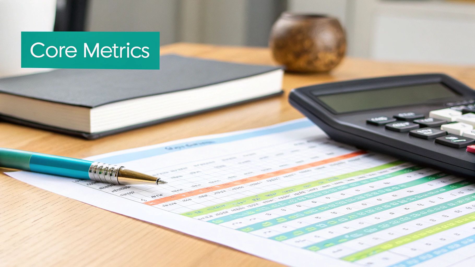A desk with a notebook, calculator, and spreadsheet under a 'Core Metrics' overlay.