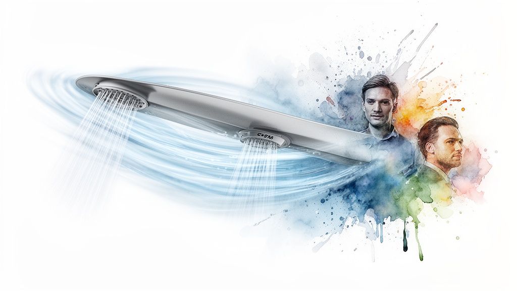Sleek shower fixture with water jets and two male figures in artistic watercolor splashes.