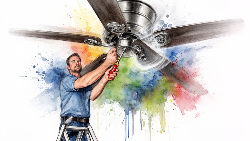 Illustration of a man on a ladder repairing a ceiling fan amidst colorful watercolor splashes.