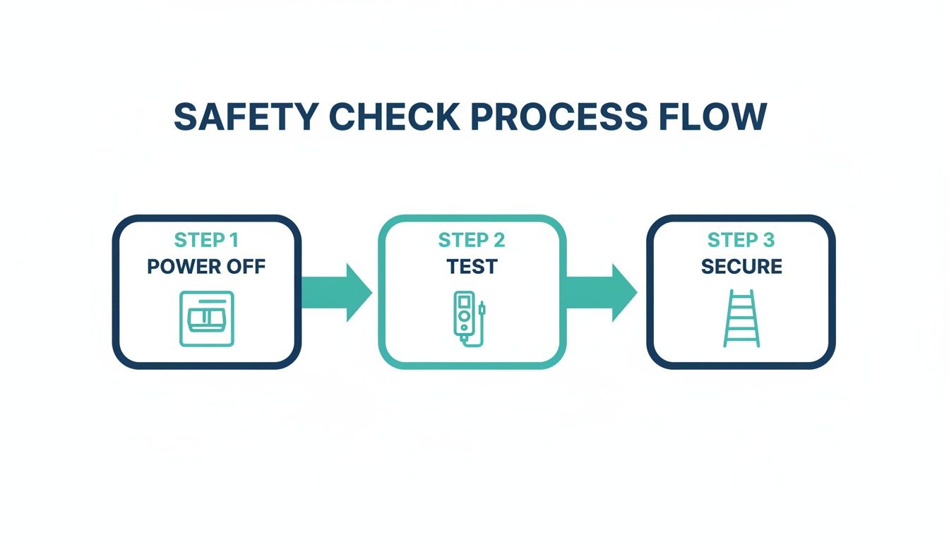 A three-step safety check process flow diagram with Power Off, Test, and Secure stages.