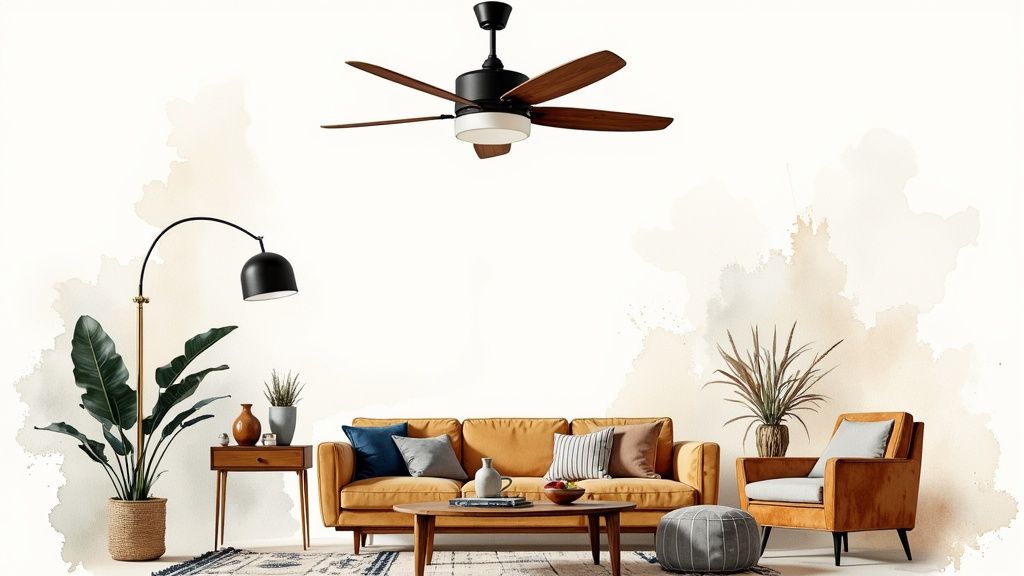 A stylish living room with a modern black and wood ceiling fan, a yellow sofa, and lush plants.