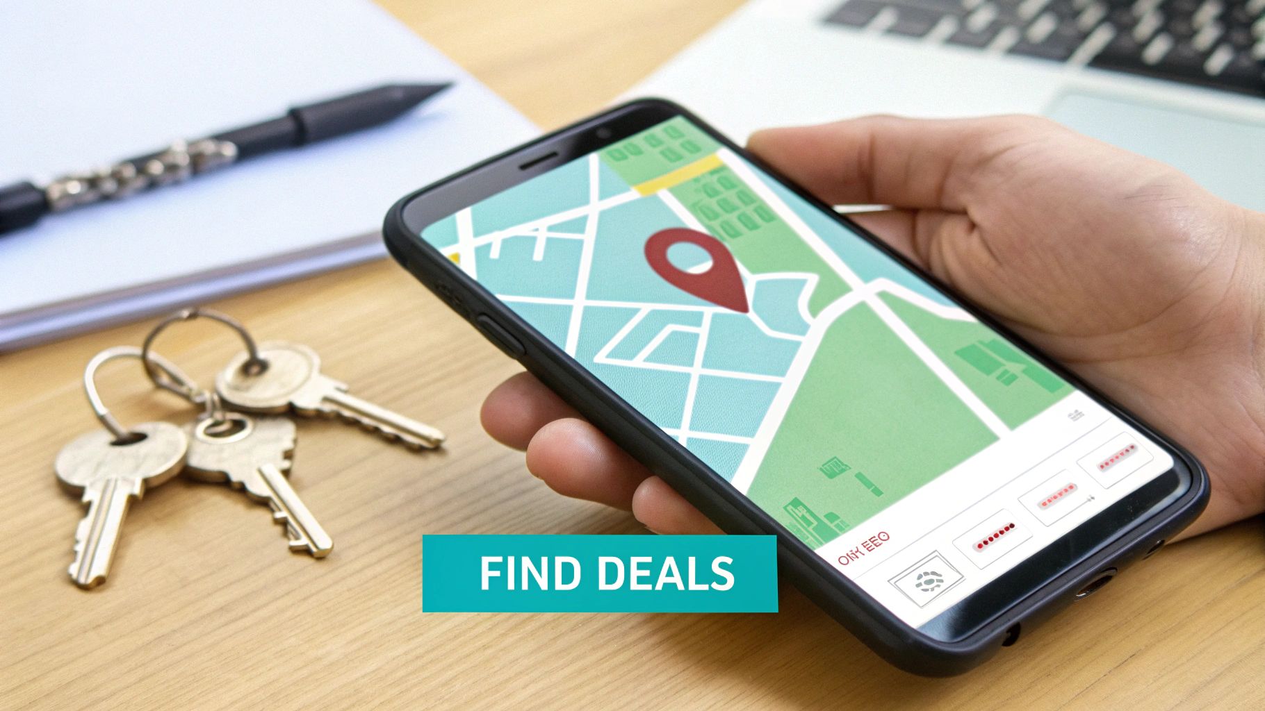 A person holds a smartphone showing a map with a location pin, keys, and a 'FIND DEALS' banner.