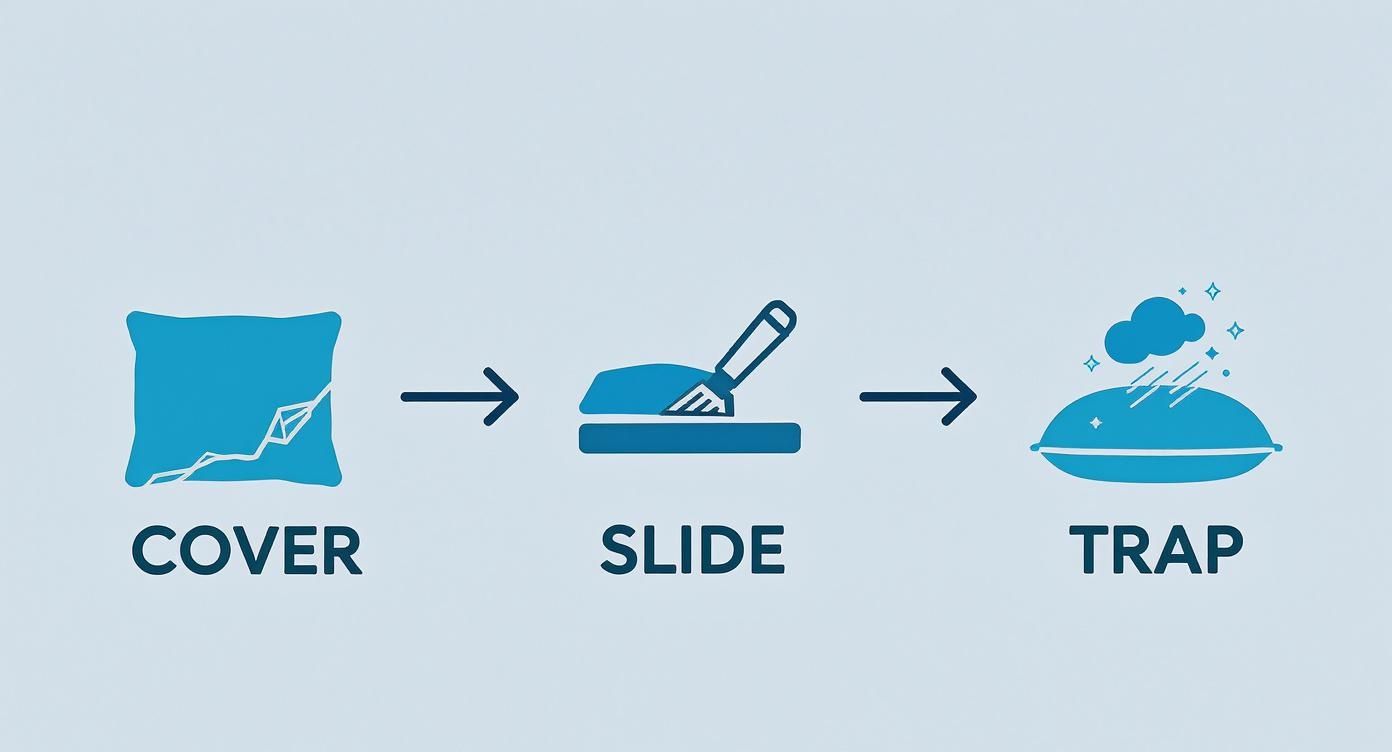Infographic showing the three steps of the pillowcase fan cleaning method Cover, Slide, and Trap.
