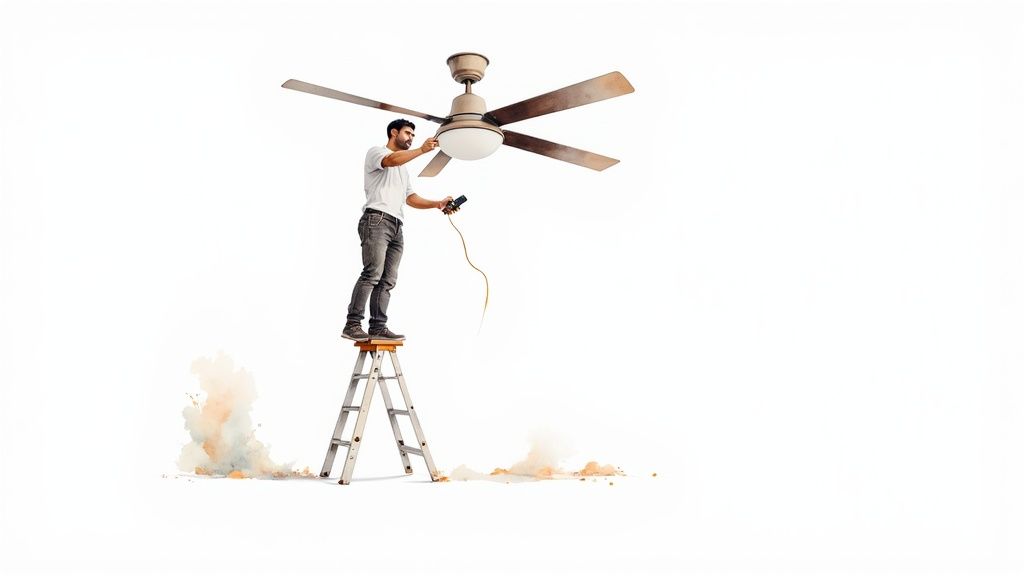 A man stands on a ladder, installing a ceiling fan with a remote, with dust rising from below.