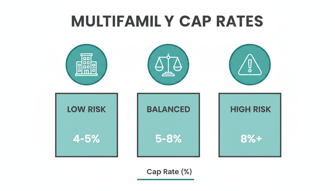 Multifamily cap rates chart displaying low, balanced, and high-risk categories with corresponding percentages.