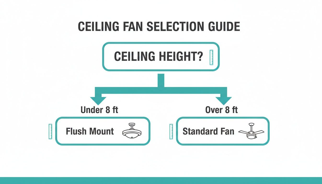 Ceiling fan selection guide flow chart for ceiling height, recommending flush mount or standard fans.