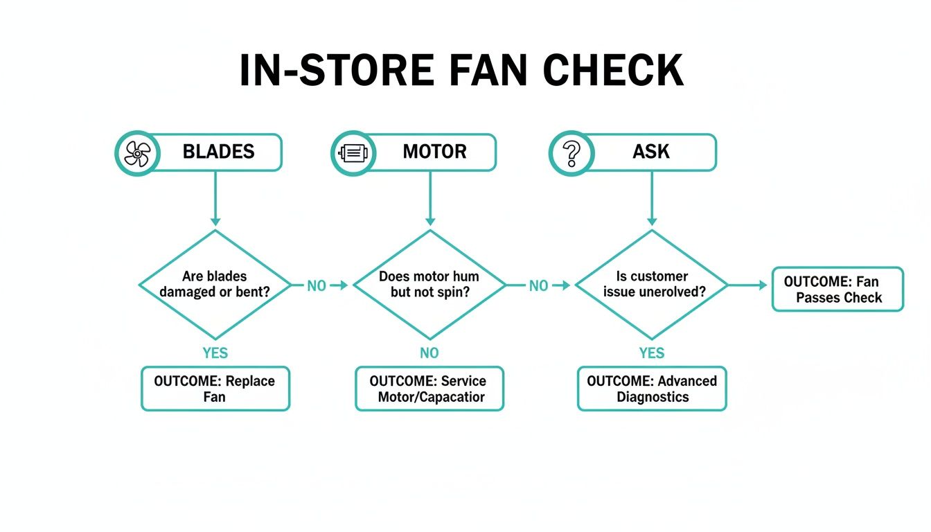 Flowchart outlining an in-store fan check process for blades, motor, and customer issues to determine repair or replacement.