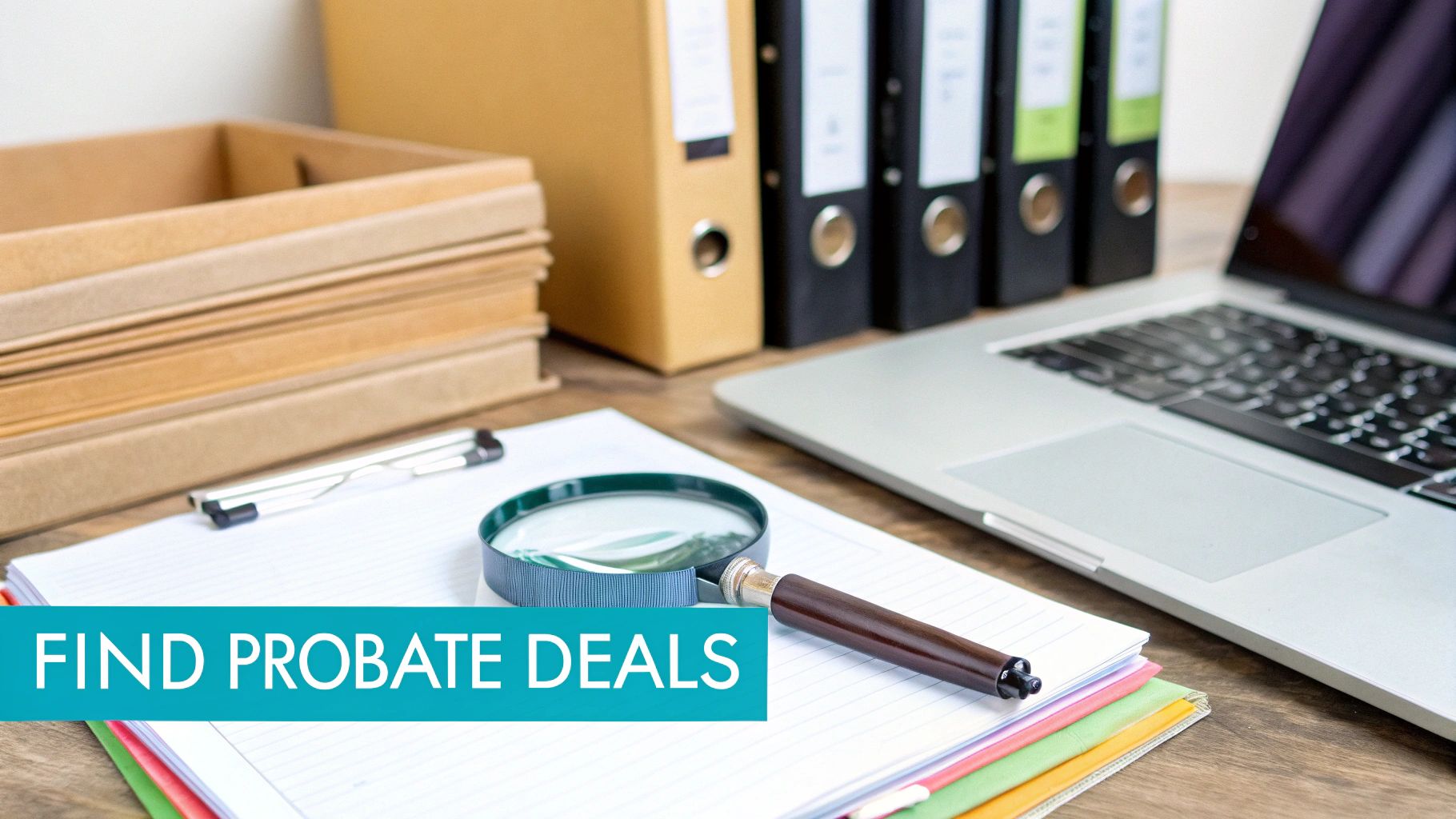 A desk with a laptop, folders, papers, and a magnifying glass, with text 'FIND PROBATE DEALS'.