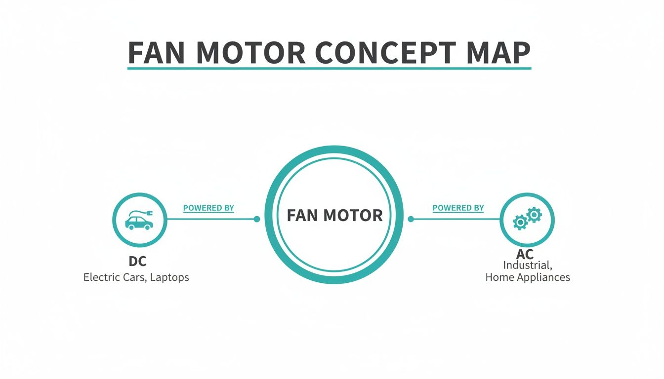 Concept map illustrating fan motor power sources: DC for electric cars and laptops, AC for industrial and home appliances.