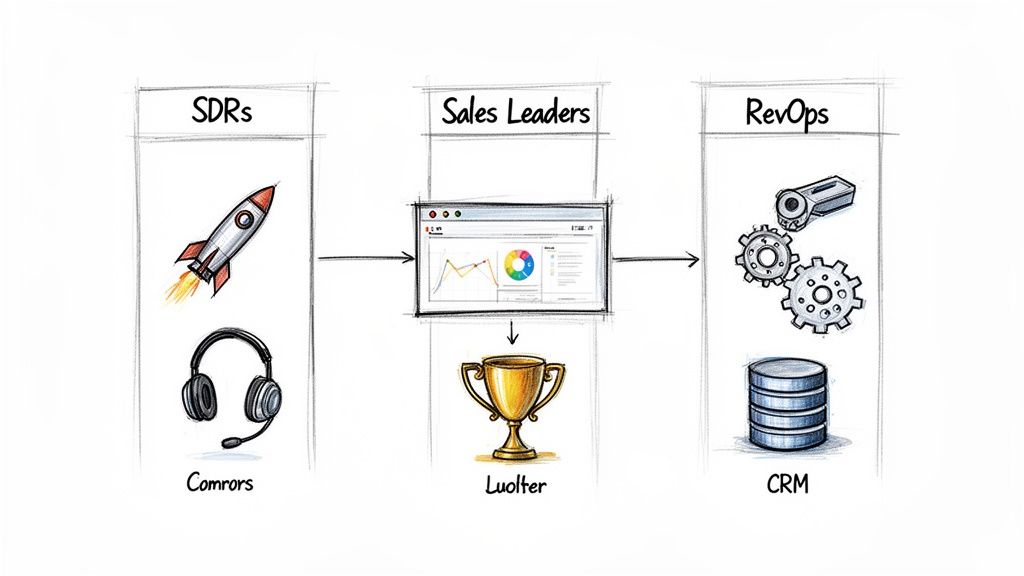 Diagram illustrates sales workflow: SDRs, Sales Leaders with analytics dashboard, and RevOps managing CRM data.