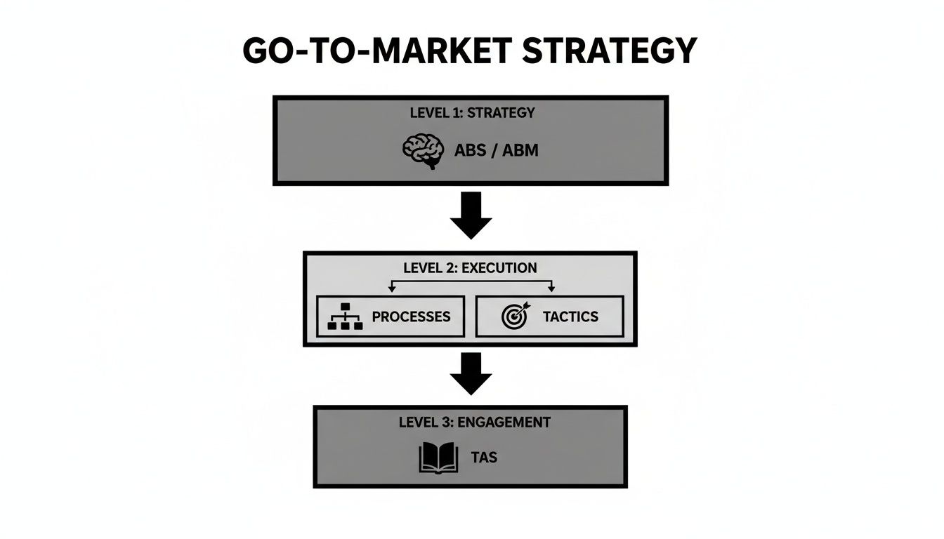 A visual go-to-market strategy framework with levels for strategy, execution, and engagement.