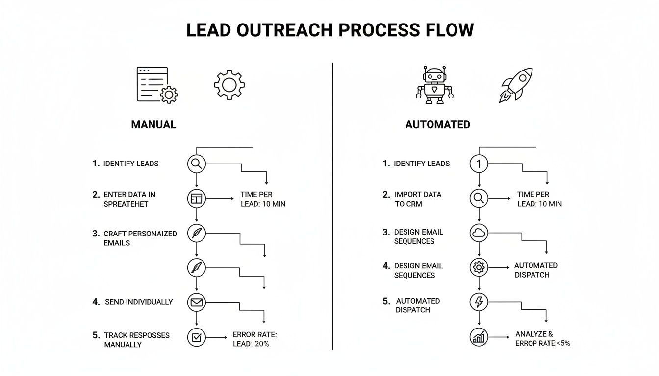 Flowchart comparing manual and automated lead outreach processes, detailing steps, time, and error rates.