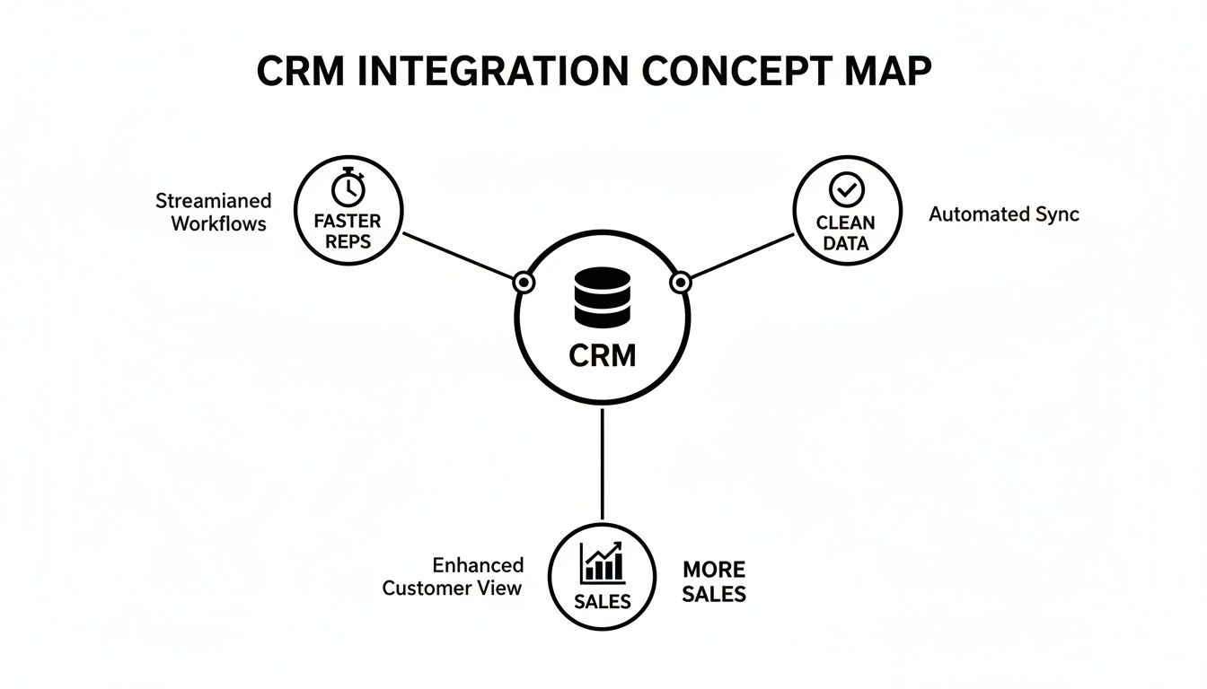 CRM integration concept map illustrating benefits like streamlined workflows, faster reps, clean data, and more sales.