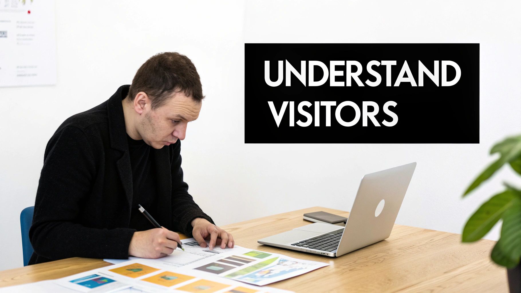 Professional marketer analyzing website visitor data and user analytics at modern office desk
