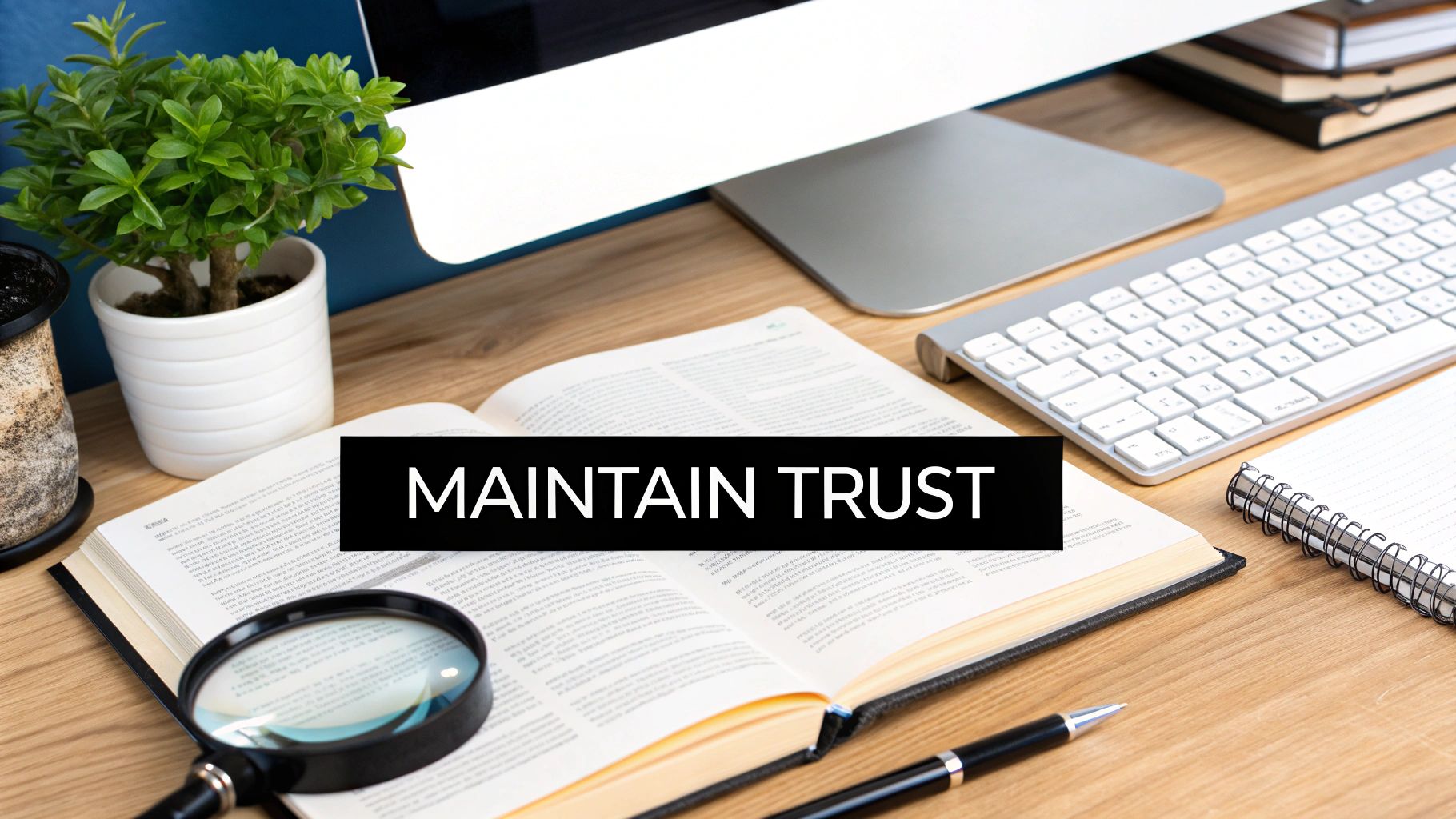 A desk setup with an open book, magnifying glass, keyboard, and plant, displaying 'MAINTAIN TRUST'.