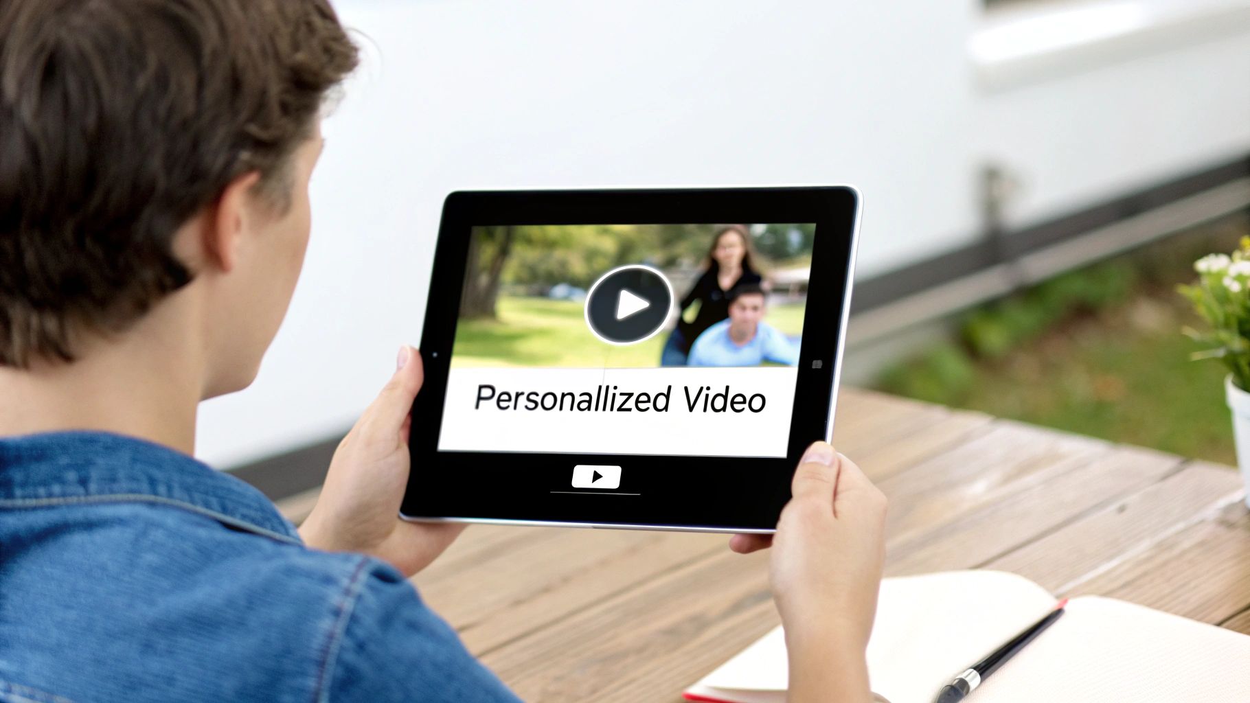 Person holding a tablet displaying a personalized video with a play button and two people.