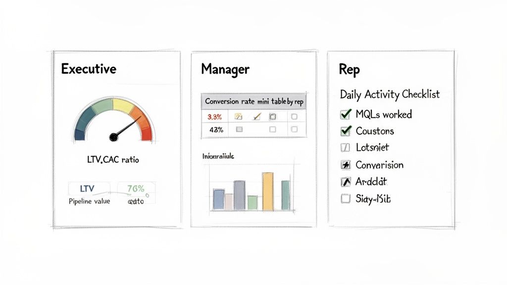 Three distinct dashboards for Executive, Manager, and Rep, showcasing KPIs for lead generation and daily activities.