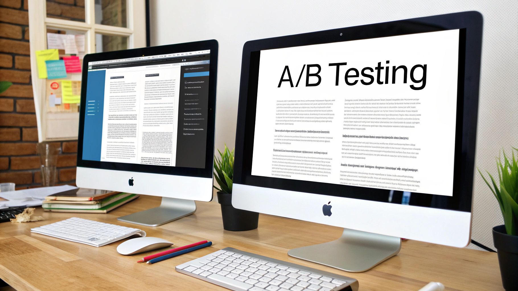 Two Apple iMac computers on a wooden desk, one displaying 'A/B Testing' text, with keyboards and mouse.