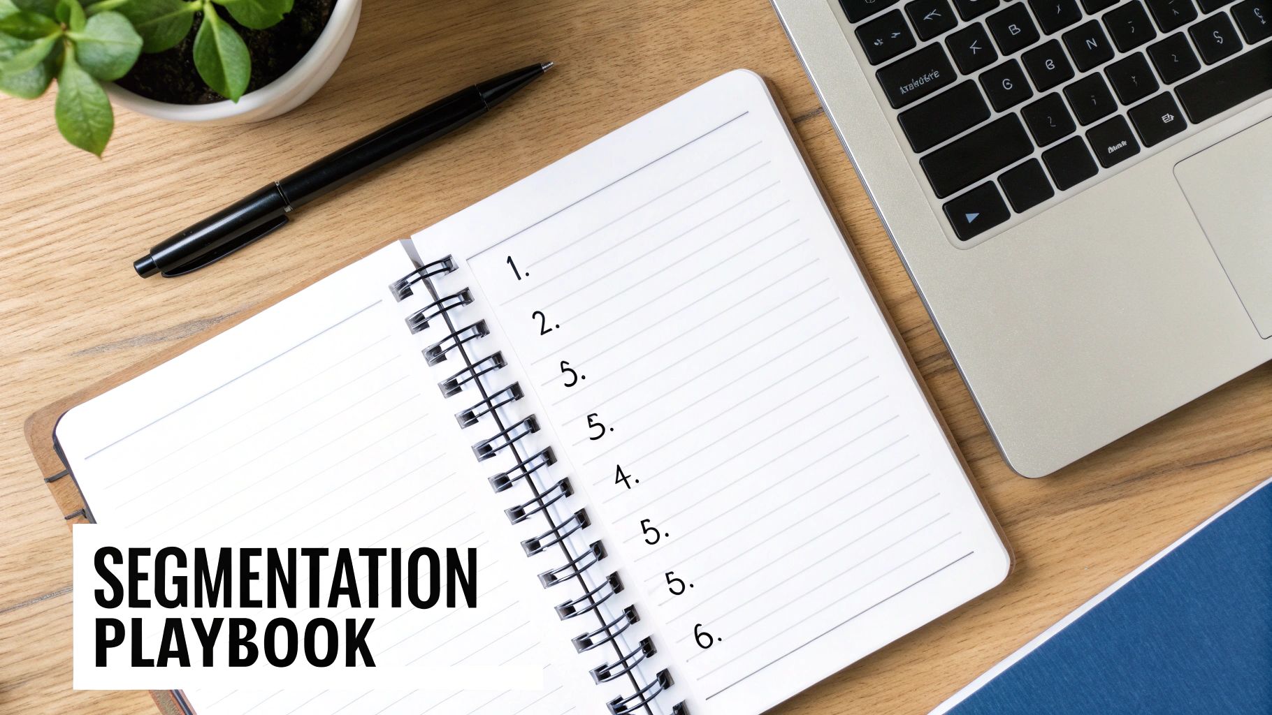 A 'Segmentation Playbook' notebook on a wooden desk with a pen, plant, and laptop, showing a numbered list.