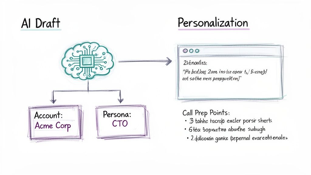 AI draft diagram showing a brain generating personalized content based on account and persona data.