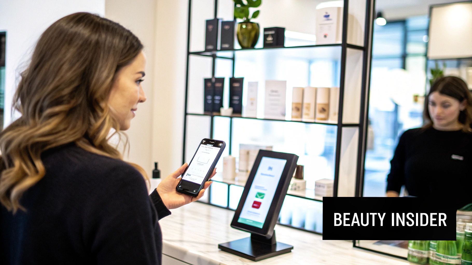 Customer uses a mobile app to interact with an in-store display, showcasing modern retail technology.
