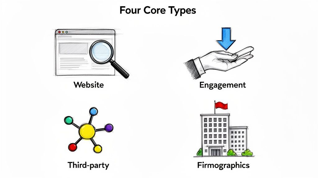 A diagram illustrating four core types: Website, Engagement, Third-party, and Firmographics.