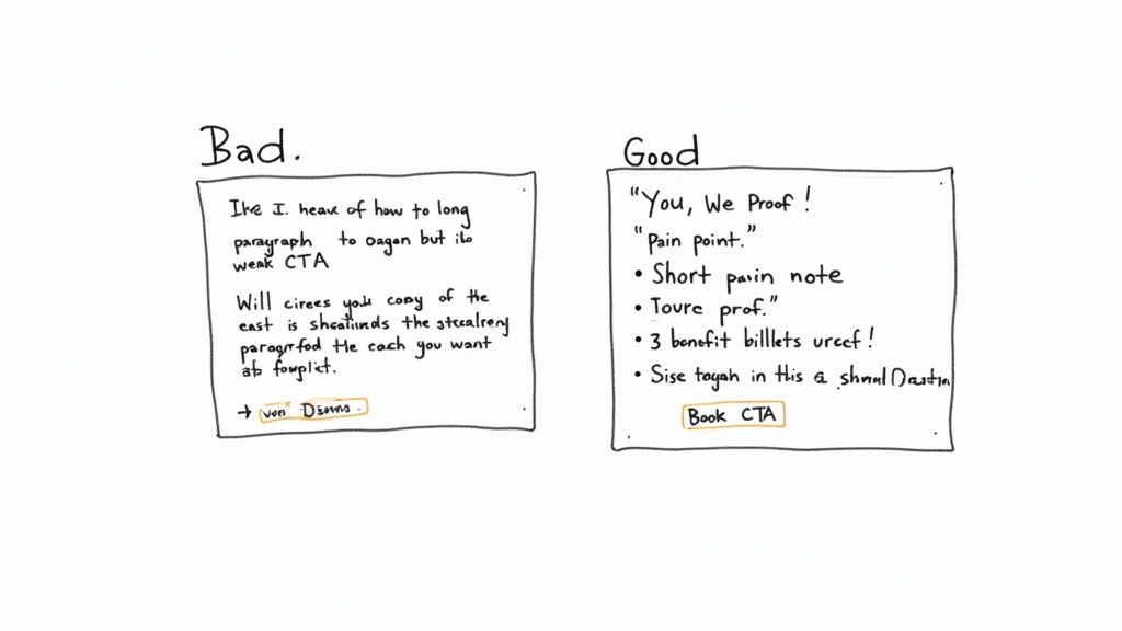 Two handwritten notes comparing bad and good landing page copy with a weak versus a strong call to action.