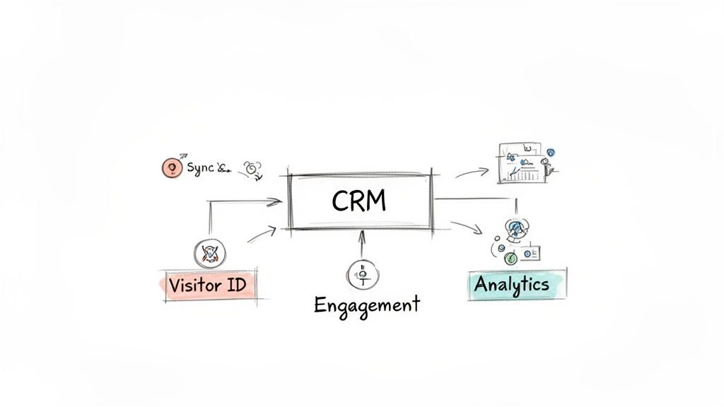 A flowchart showing how Visitor ID, Sync, and Engagement data flow into a CRM system, then to Analytics.