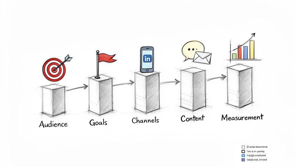 Hand-drawn digital marketing strategy framework with five steps: Audience, Goals, Channels, Content, and Measurement, with icons.