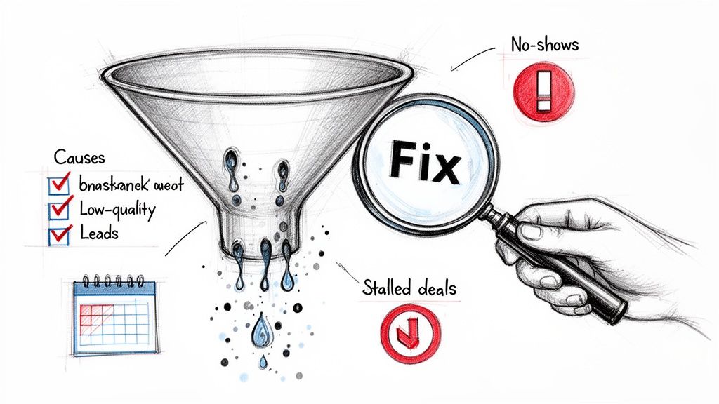 A hand holding a 'Fix' magnifying glass analyzes a leaking sales funnel with low-quality leads, no-shows, and stalled deals.