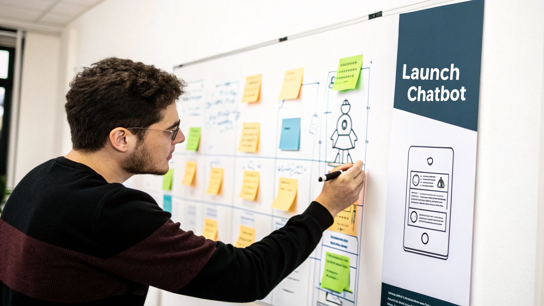 A person at a desk sketching out a conversational flowchart for a new chatbot campaign.