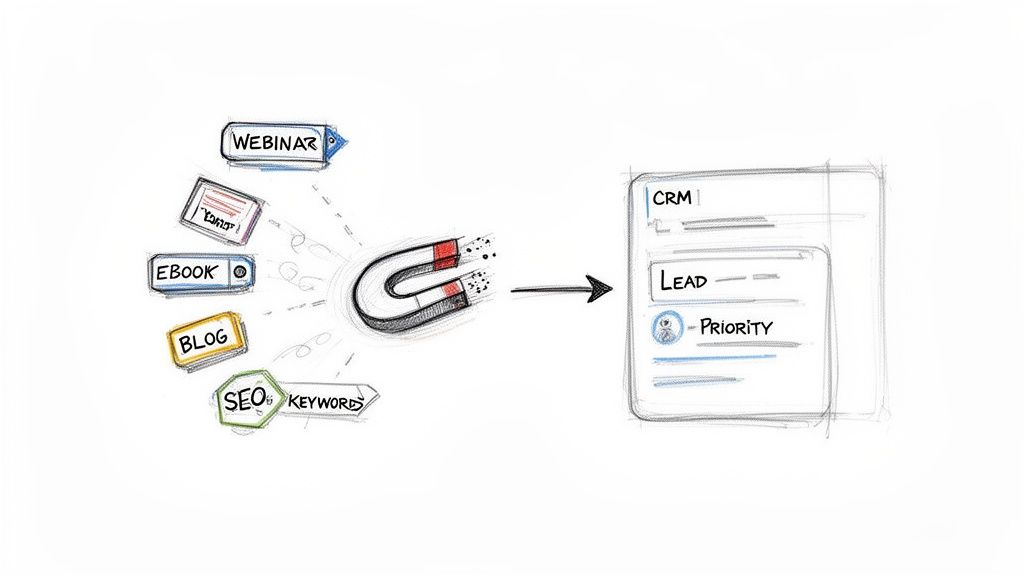 Content marketing activities (webinar, ebook, blog, SEO) acting as a magnet to generate leads for a CRM.