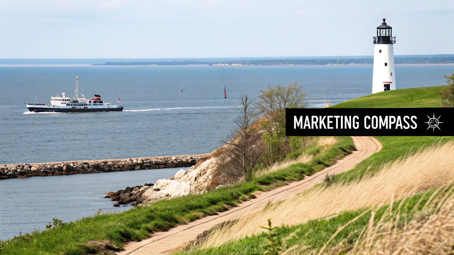 A scenic view of a ferry boat on the ocean, a lighthouse on a grassy hill, and a dirt path.
