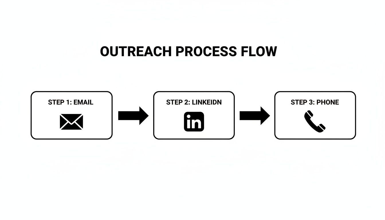 Outreach process flow diagram showing three steps: Email, LinkedIn, and Phone contact.