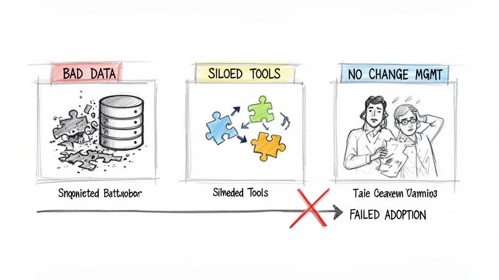 An illustration showing bad data, siloed tools, and lack of change management leading to failed adoption.