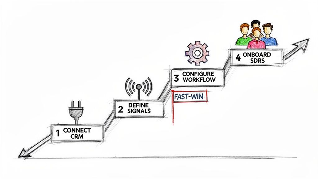A four-step sales process diagram showing 'Connect CRM', 'Define Signals', 'Configure Workflow', and 'Onboard SDRS'.