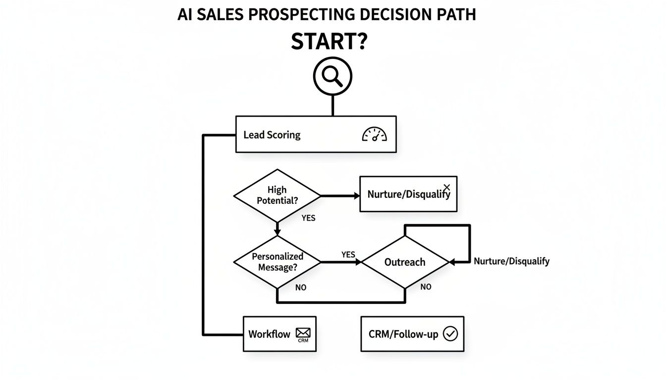 Flowchart illustrating an AI sales prospecting decision path with lead scoring and outreach steps.