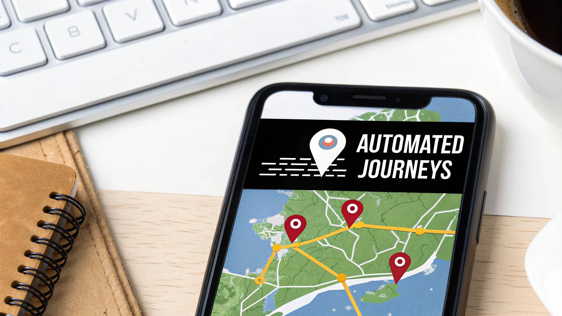 A diagram showing the flow of a marketing automation workflow, with icons representing user actions and automated responses.