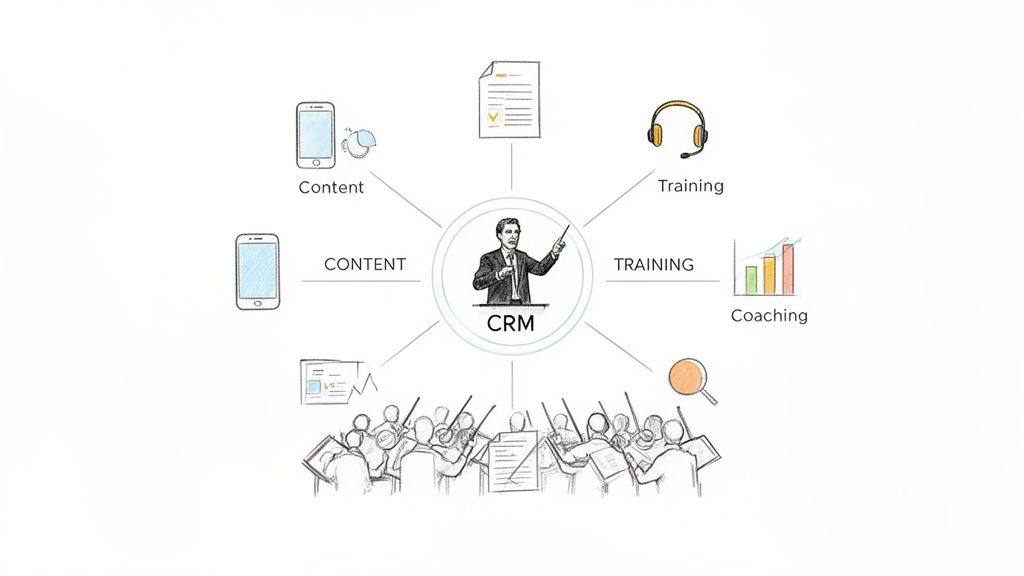 A diagram illustrating a central CRM system orchestrating content, training, coaching, and a sales team.