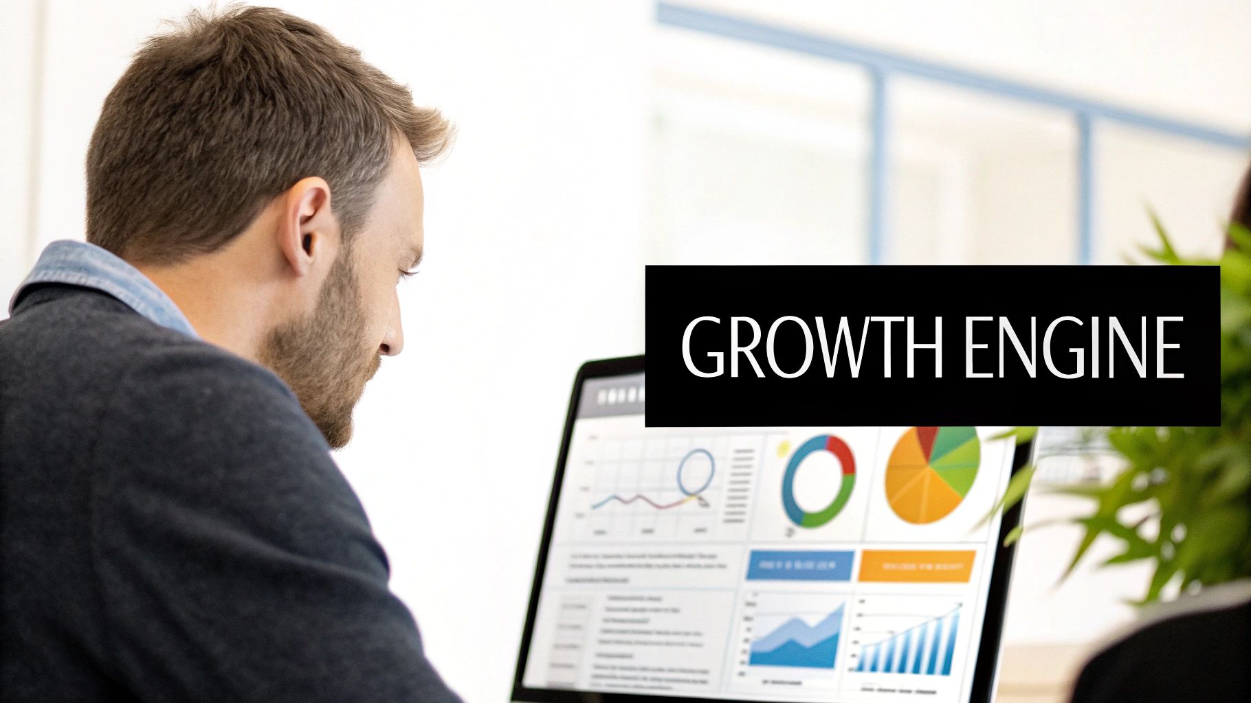 A marketing professional using a tablet to analyze data visualizations related to B2B growth and automation.