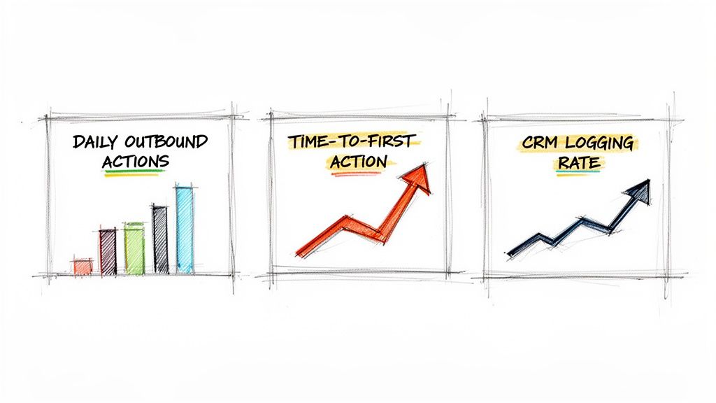 Three hand-drawn charts depicting business metrics for daily outbound actions, time-to-first action, and CRM logging rate.